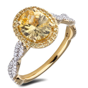 1.85 Carat Oval Cut Yellow Sapphire and Diamond Halo Ring in 18K Yellow Gold