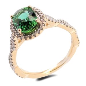 1.74 Carat Green Tourmaline & Diamond Halo Ring in 14K Yellow Gold