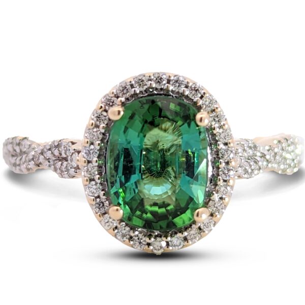 1.74 Carat Green Tourmaline & Diamond Halo Ring in 14K Yellow Gold