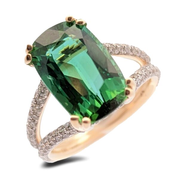 5.38 Carat Cushion Cut Green Tourmaline and Diamond Ring in 14K Yellow Gold