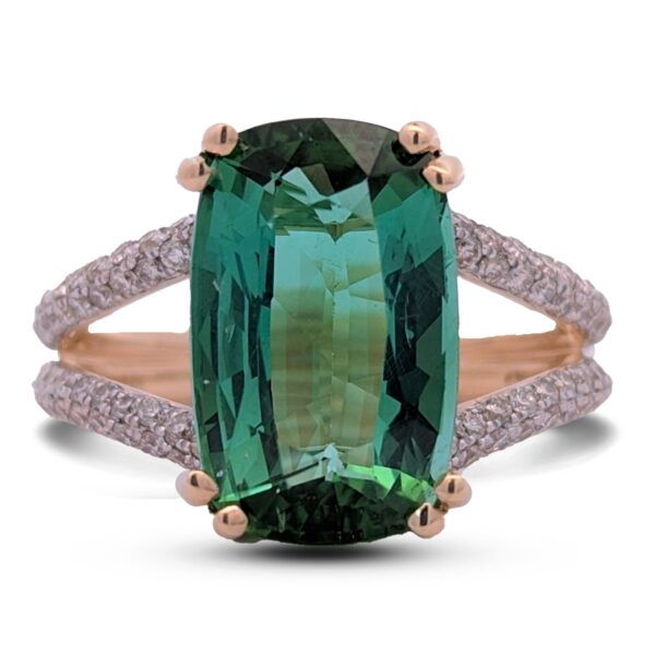 5.38 Carat Cushion Cut Green Tourmaline and Diamond Ring in 14K Yellow Gold