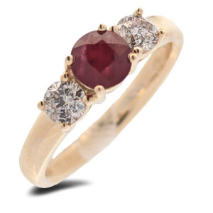 0.70 Carat Ruby And Diamond Trilogy Ring in Yellow Gold