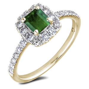0.86 Carat Natural Emerald & Diamond Halo Ring in 18K Yellow Gold