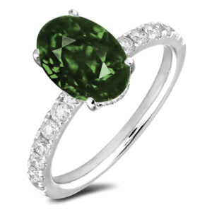 0.98 Carat Green Sapphire and 0.50 CTW Diamond Hidden Halo Ring in 18K White Gold