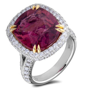 8.83 Carat Brazilian Pink Tourmaline and 1.65 CTW Diamond Halo Cocktail Ring in 18K White Gold