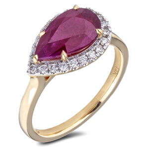 2.22 Carat Pear Shape Ruby and Diamond East West Halo Ring in 14K Yellow Gold