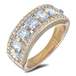 1.08 Carat TW Princess Cut Aquamarine and Diamond Wide Anniversary Ring in 14K Yellow Gold
