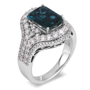 4.25 Carat Emerald Cut Sapphire and Diamond Double Halo Cocktail Ring in 18K White Gold