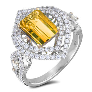 3.25 Carat Yellow Sapphire and Diamond Double Halo Cocktail Ring in 18K White Gold