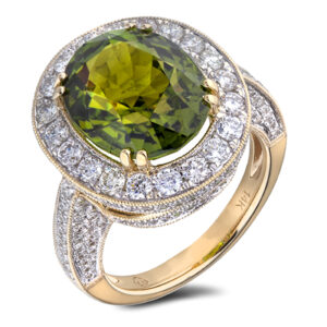 7.51 Carat Brazilian Green Tourmaline and 1.54 CTW Diamond Halo Cocktail Ring in 14K Yellow Gold