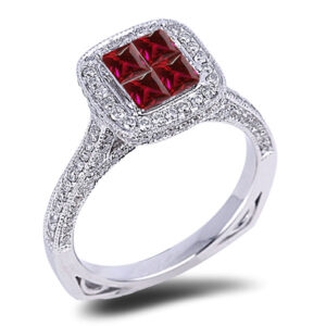 0.40 Carat TW Princess Cut Ruby And Diamonds Ring in 14K White Gold