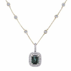 5.78 Carat Green Sapphire and Diamond Double Halo Pendant in 18K White And Yellow Gold