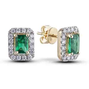 1.12 Carat TW Emerald and Diamond Halo Stud Earrings in 14K Yellow Gold