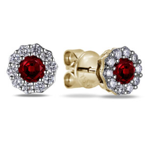 0.42 Carat TW Ruby And Diamond Halo Cluster Stud Earrings In 14K Yellow Gold