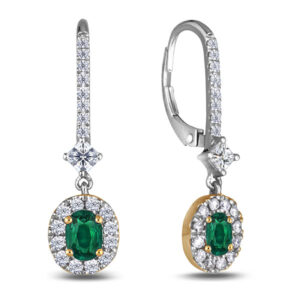 0.64 Carat TW Oval Cut Emerald And Diamond Halo Dangle Earrings in 14K White And Yellow Gold