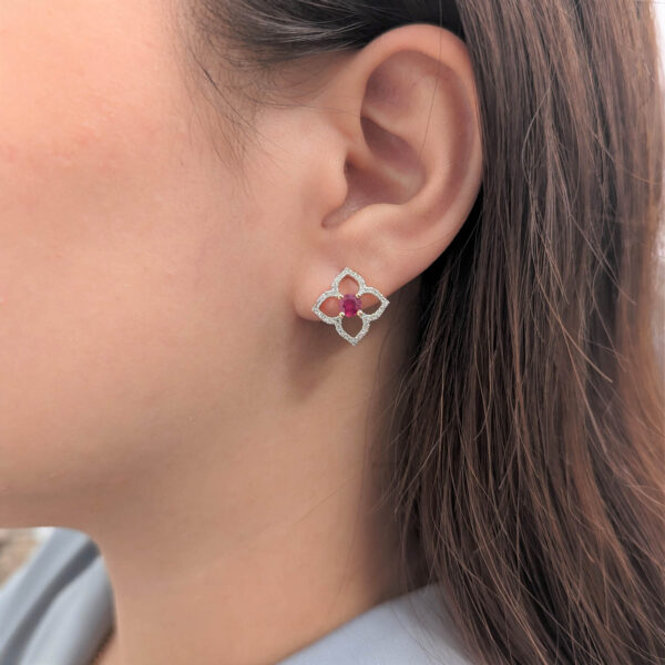0.80 Carat TW Natural Ruby And Diamond Flower Earring In 14K White Gold