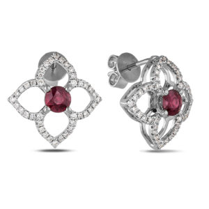0.80 Carat TW Natural Ruby And Diamond Flower Earring In 14K White Gold