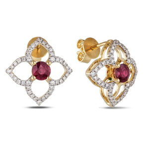 0.80 Carat TW Natural Ruby And Diamond Flower Earring In 14K Yellow Gold