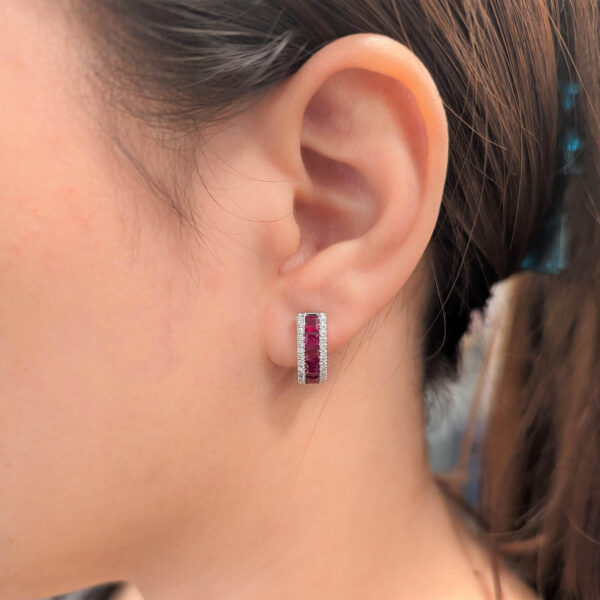 1.40 Carat TW Princess Cut Ruby & Diamond Hoop Earrings in 14K Yellow Gold