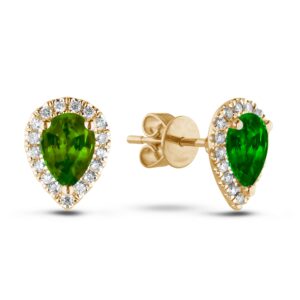1.24 Carat TW Pear Shape Emerald & Diamond Halo Stud Earrings in 18K Yellow Gold