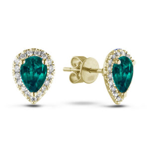 Pear Shape Halo 1.28 Carat TW Emerald & Diamond Stud Earrings in 18K Yellow Gold