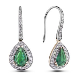 1.47 Carat TW Brazilian Emerald And Diamond Halo Drop Earrings in 18K White And Yellow Gold