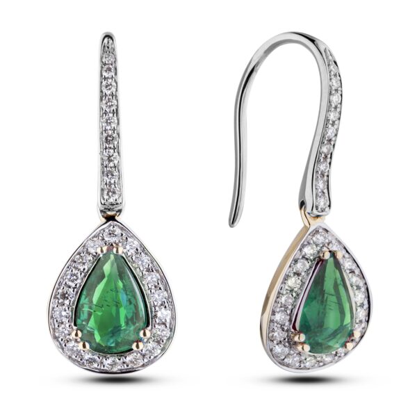 1.47 Carat TW Brazilian Emerald And Diamond Halo Drop Earrings in 18K White And Yellow Gold