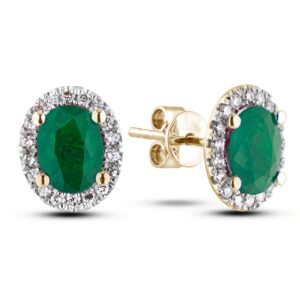 1.38 Carat TW Oval Shape Emerald And Canadian Diamond Halo Stud Earrings in Yellow Gold
