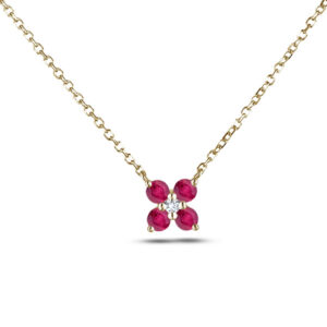 Flower Pendant Set With Ruby And Diamond In Yellow Gold