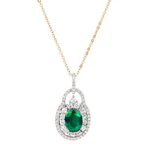 1.36 Carat Oval Shape Emerald and Diamond Halo Vintage Style Pendant in 18K White And Yellow Gold
