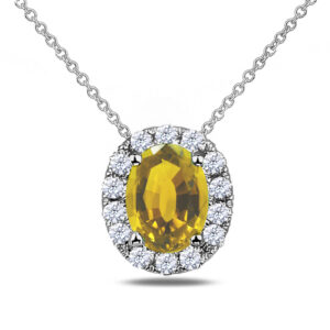 1.37 Carat Yellow Sapphire and Canadian Diamond Halo Pendant in 14K White Gold