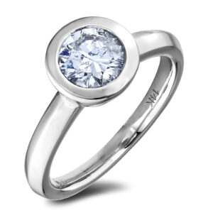 Bezel Set Solitaire Engagement Ring Featuring a 1.08 Carat Round Brilliant Cut Canadian Diamond in 14K White Gold