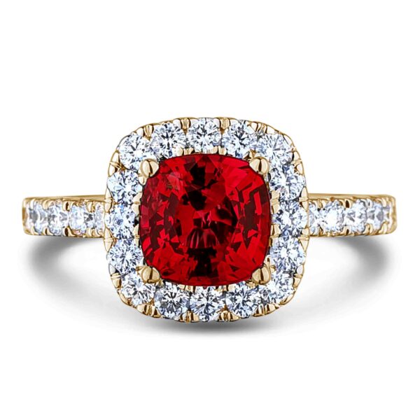 2.04 Carat Natural Ruby & Canadian Diamond Halo Ring in 18K Yellow Gold