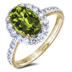 Oval Halo Ring Featuring 6.38 Carat Green Tourmaline & Diamonds in 18K Yellow Gold