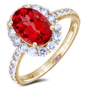 Oval Halo Ring Set With Ruby And Canadian Diamond In 14K Yellow Gold