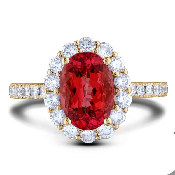 Oval Halo Ring Set With Ruby And Canadian Diamond In 14K Yellow Gold