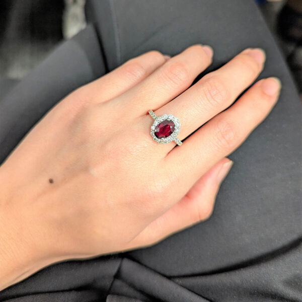 Oval Halo Ring Set With Ruby And Canadian Diamond In 14K Yellow Gold