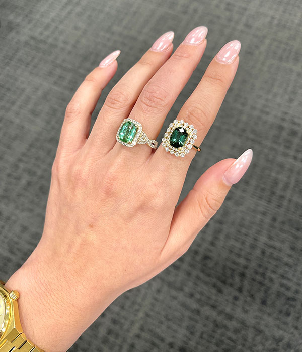 Natural Green Tourmaline and Diamond Halo Ring in 14K Yellow Gold