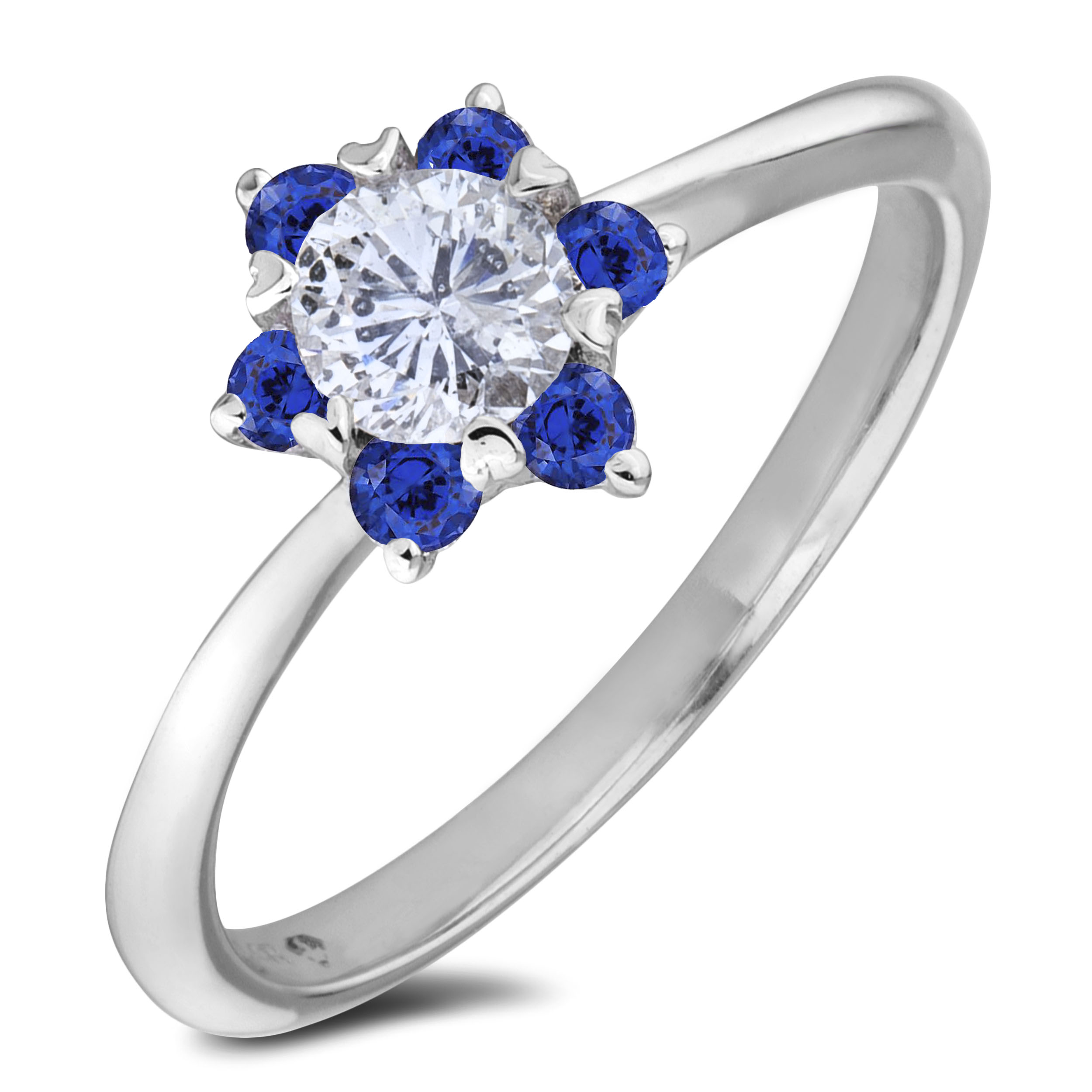 Flower Halo Ring Set With Canadian Diamond And Sapphire In White Gold