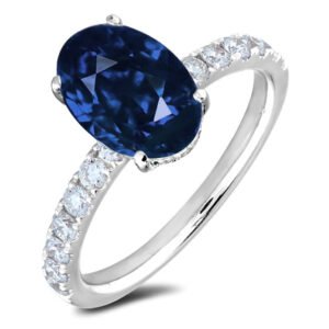 0.80 Carat Oval Sapphire and Diamond Hidden Halo Ring in White Gold