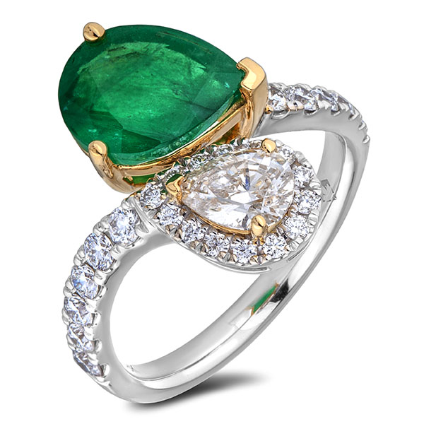 2.39 Carat Emerald And 0.54 Carat Diamond Pear Shape You and Me Ring In 18K Gold