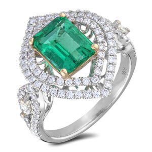 Emerald and Diamond Double Halo Cocktail Ring in 18K White Gold