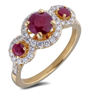 Three Stone Halo Ring Set With 1.07 Carat TW Ruby And Diamond In 14K Yellow Gold