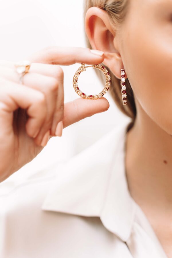4.06 Carat TW Ruby And 3.04 Carat TW Diamond Hoop Earrings in 14K Yellow Gold