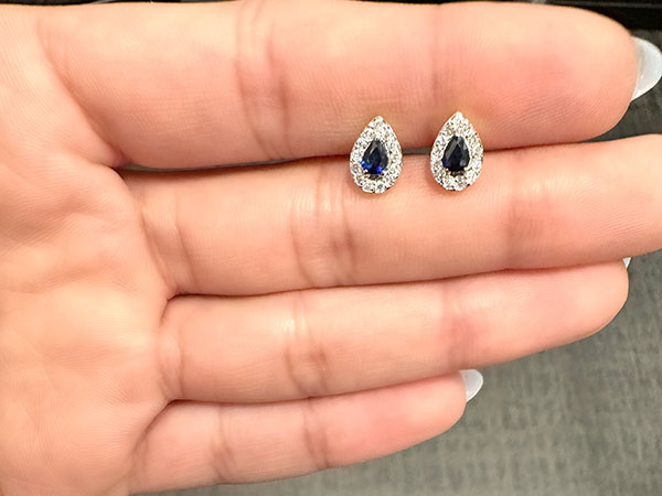 Halo Earrings Set With Pear Shape Sapphire And Diamond In Yellow Gold