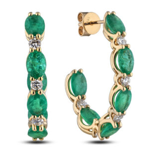 Emerald And Diamond Twist Hoop Earrings In 14K Yellow Gold