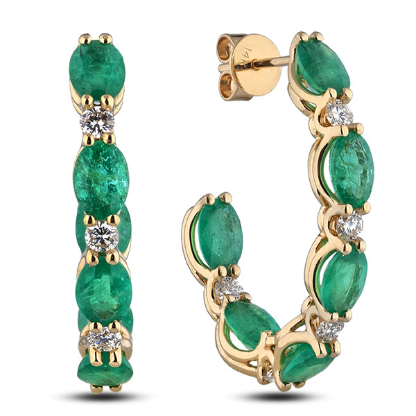 Emerald And Diamond Twist Hoop Earrings In 14K Yellow Gold