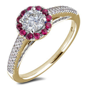 Ideal Cut Canadian Diamond And Ruby Halo Ring In 14K Yellow gold