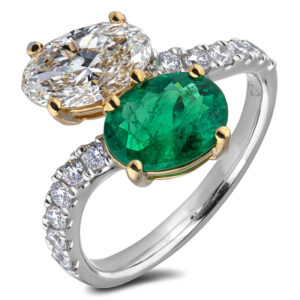 You and Me Ring Set With 1.29 Carat Emerald And 1.20 Carat GIA Diamond In 18K White Gold