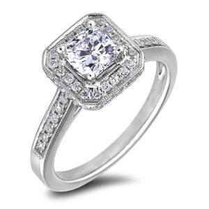 Vintage Style Halo Princess Cut Canadian Diamond Engagement Ring In White Gold